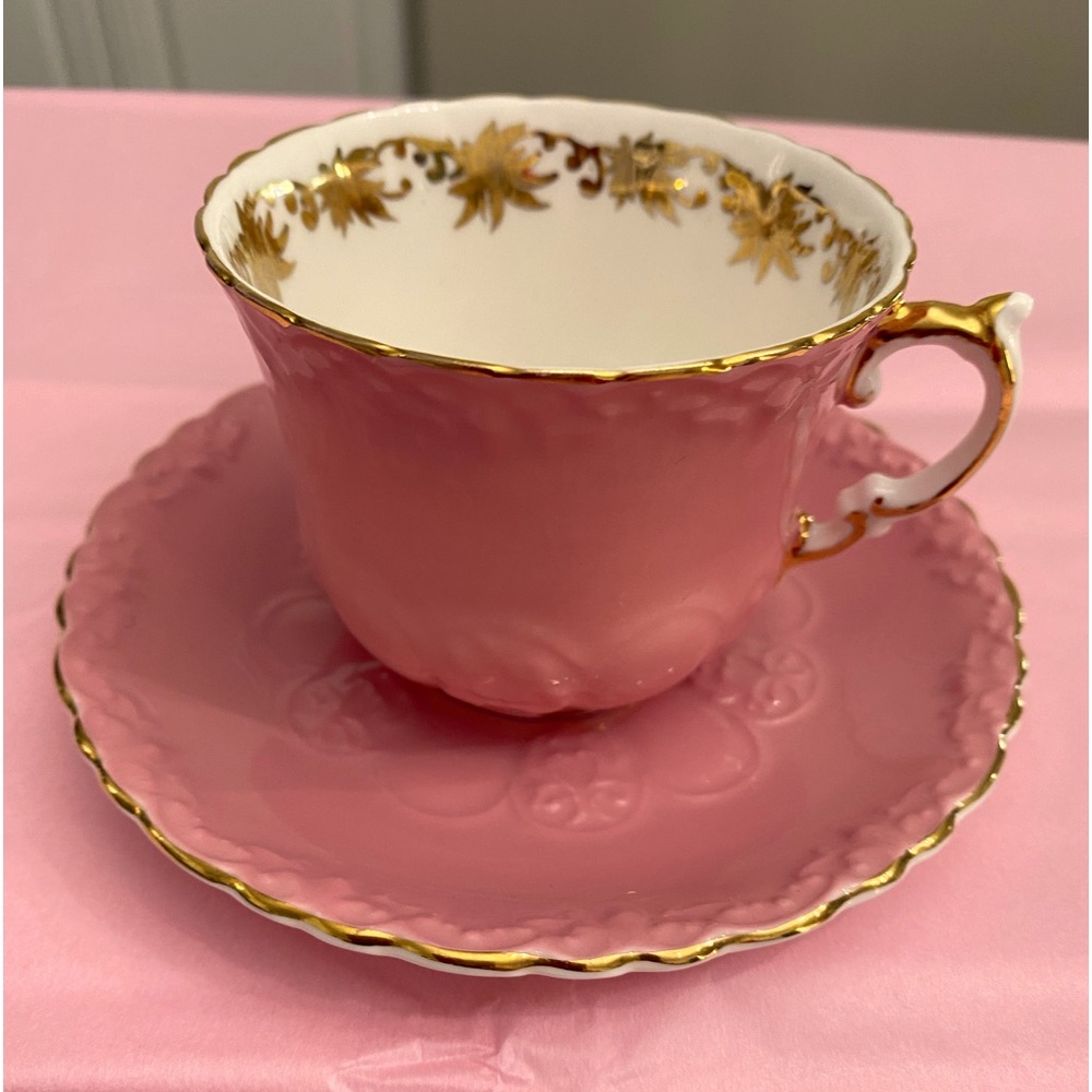 Aynsley Fine Bone China Solid Pink Embossed Teacup and Saucer Gold Trim EUC VTG